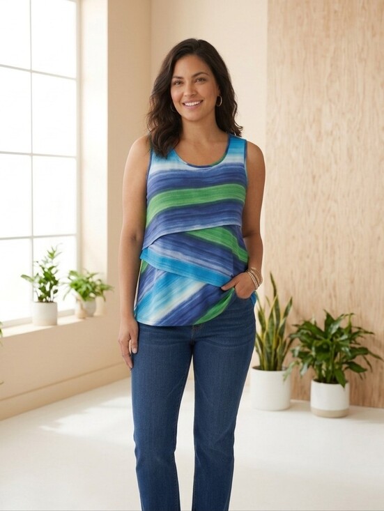 dressbarn Tops - ​Dressbarn Women's Plus Size 1X Asymmetric Layered Watercolor Stripe Sleeveless